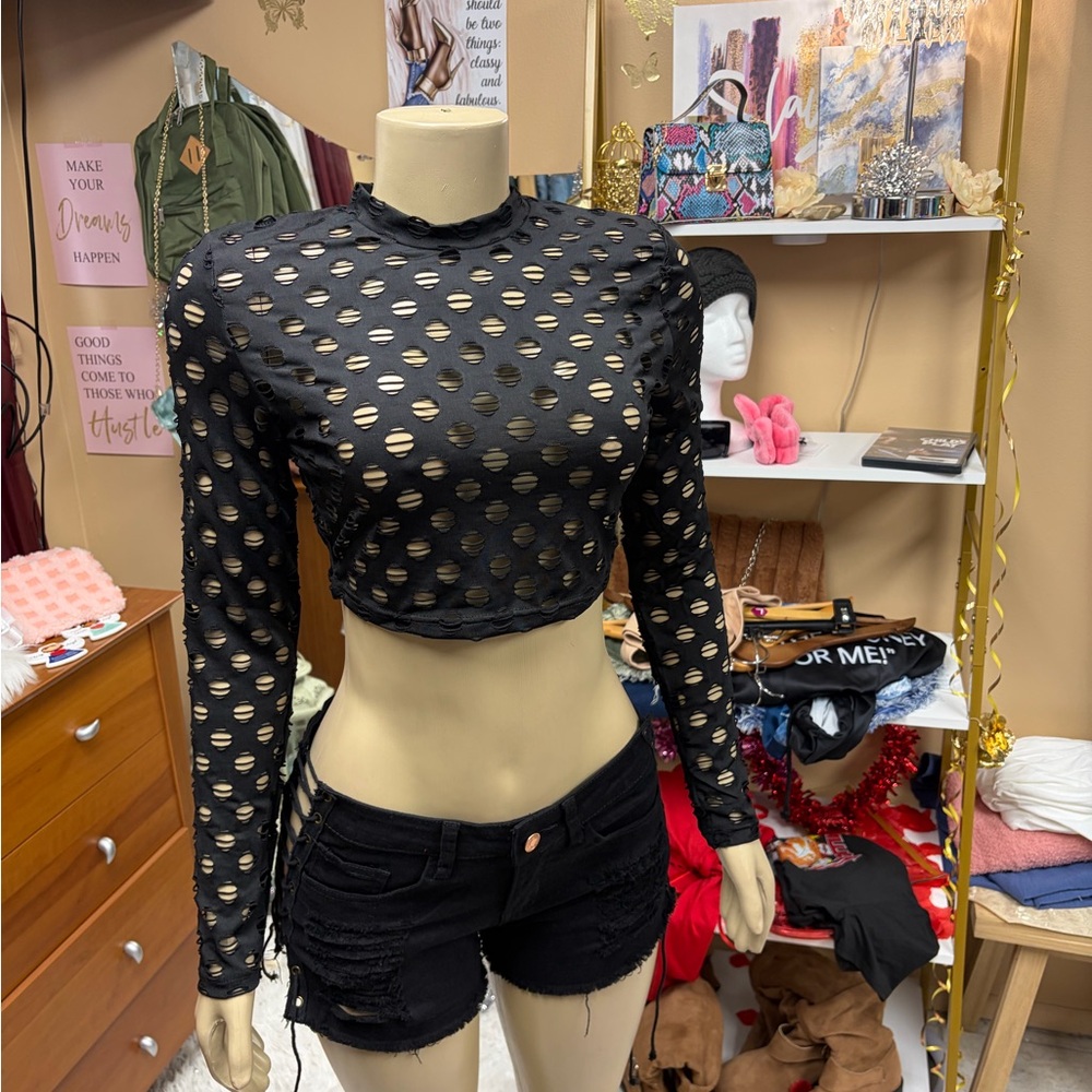 Black Distressed Long-Sleeve Crop Top - Stylish Cutout Design
